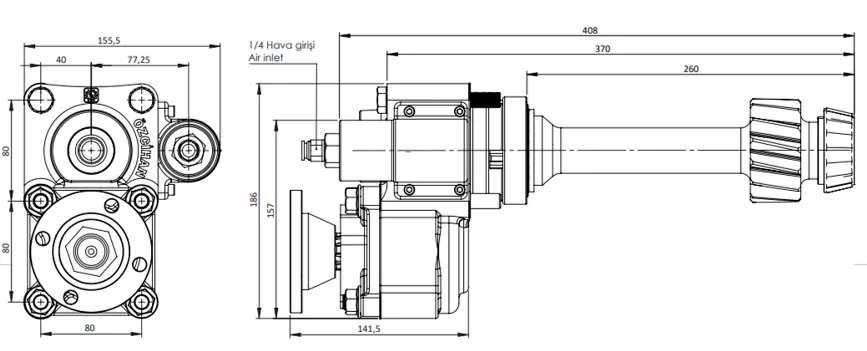 CTM 089 AD1F PTO teknik çizimi — kesit, ölçü ve montaj şeması