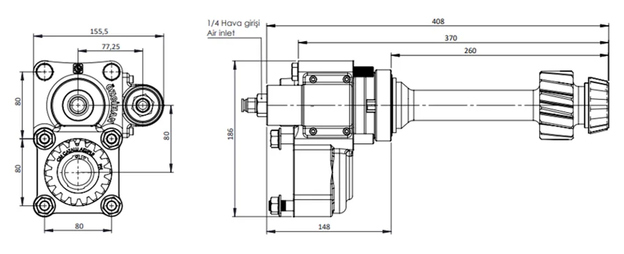 CTM 089 AC1F PTO teknik çizimi — kesit, ölçü ve montaj şeması