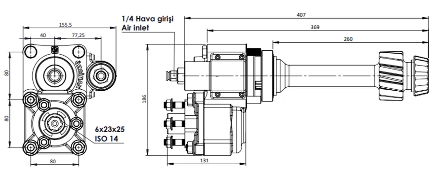CTM 089 AC2F PTO teknik çizimi — kesit, ölçü ve montaj şeması