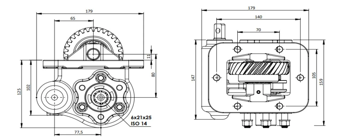 CTM 090 BC2 PTO teknik çizimi — kesit, ölçü ve montaj şeması
