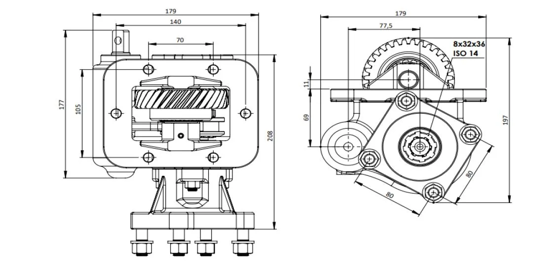 CTM 090 BC1 PTO teknik çizimi — kesit, ölçü ve montaj şeması