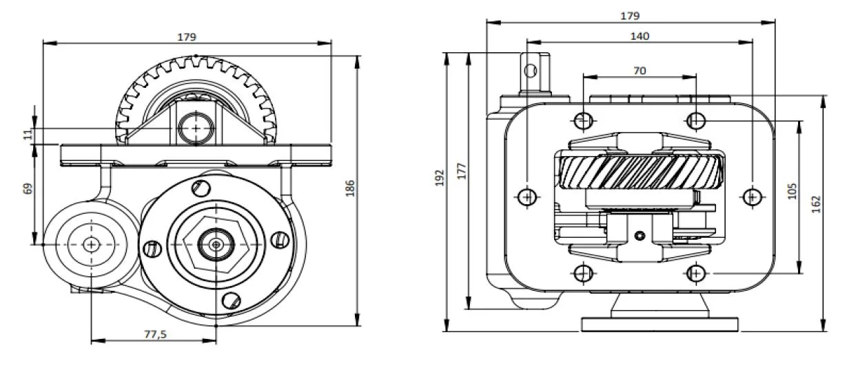 CTM 090 BD PTO teknik çizimi — kesit, ölçü ve montaj şeması