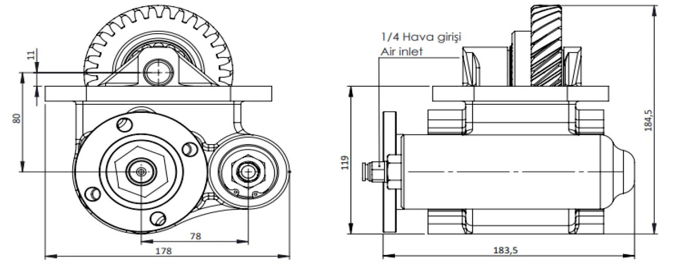 CTM 092 AD PTO teknik çizimi — kesit, ölçü ve montaj şeması