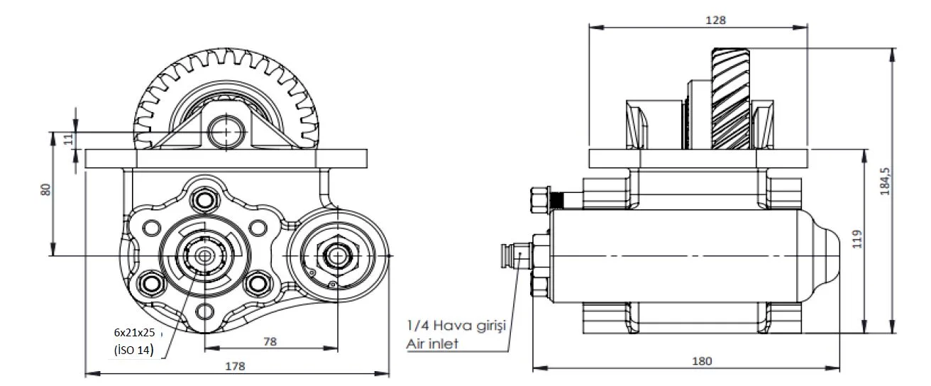 CTM 092 AC2 PTO teknik çizimi — kesit, ölçü ve montaj şeması