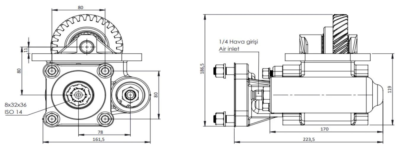 CTM 092 AC1 PTO teknik çizimi — kesit, ölçü ve montaj şeması
