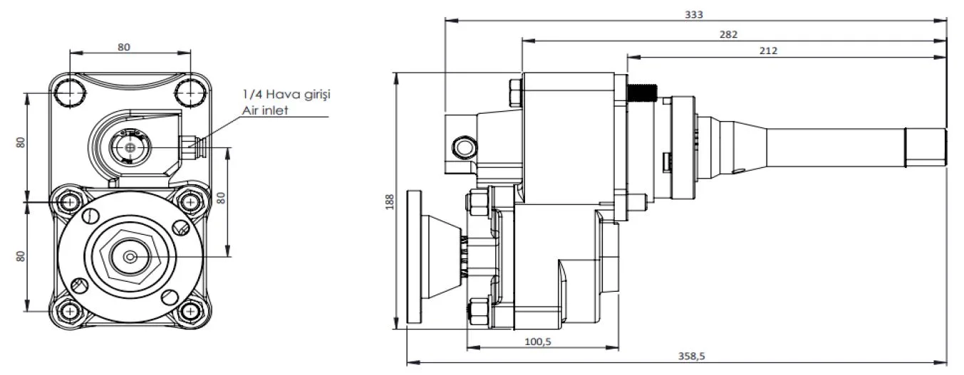 CTM 093 AD1F PTO teknik çizimi — kesit, ölçü ve montaj şeması