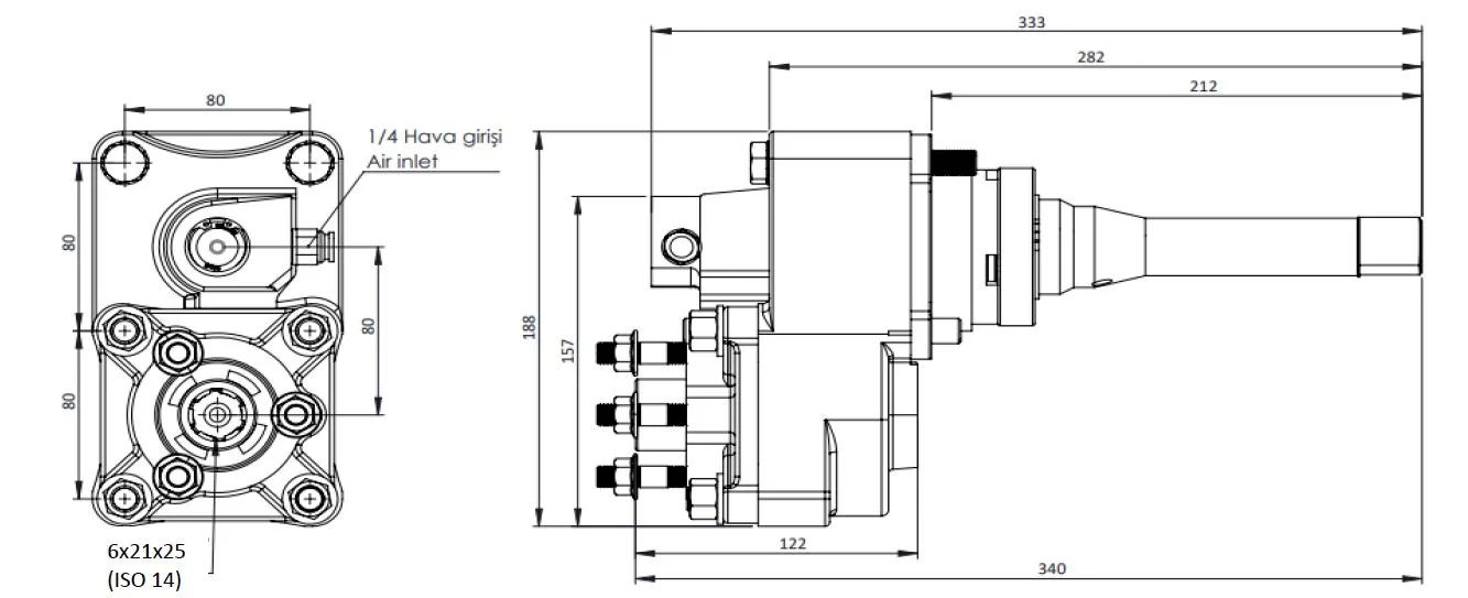 CTM 093 AC2F PTO teknik çizimi — kesit, ölçü ve montaj şeması