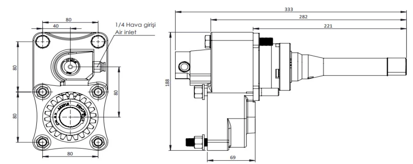 CTM 093 AC1F PTO teknik çizimi — kesit, ölçü ve montaj şeması