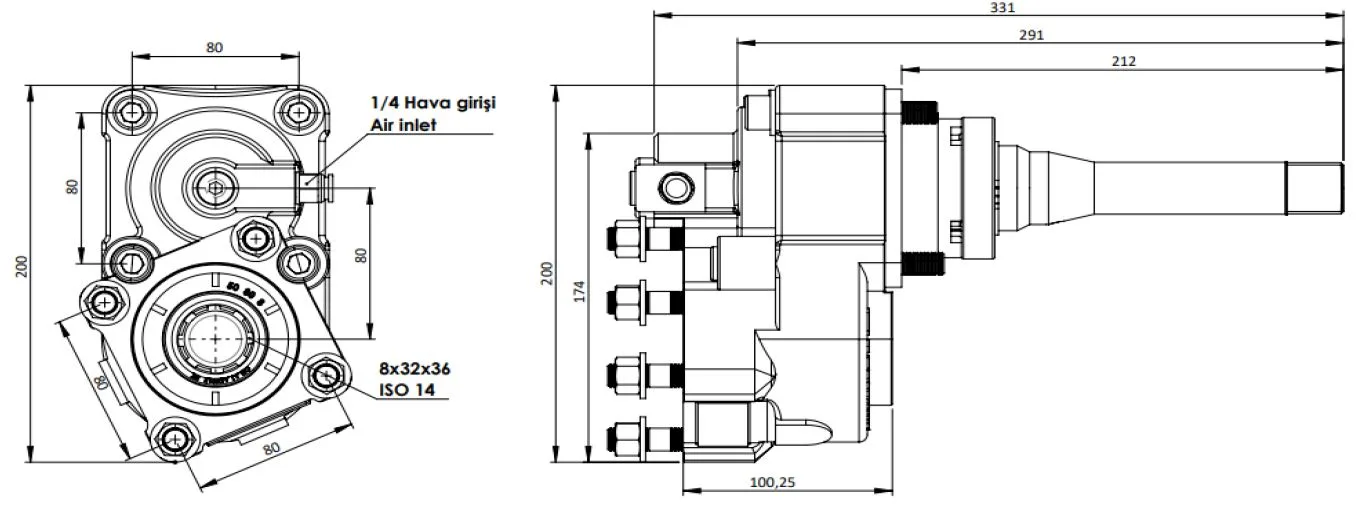 CTM 093 A1 3XF PTO teknik çizimi — kesit, ölçü ve montaj şeması