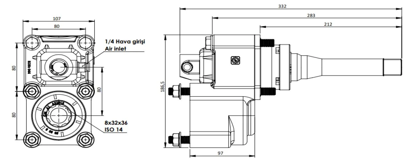 CTM 093 A1 PTO teknik çizimi — kesit, ölçü ve montaj şeması