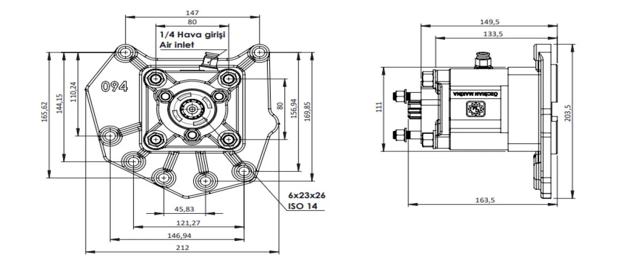 CTM 094 AE PTO teknik çizimi — kesit, ölçü ve montaj şeması