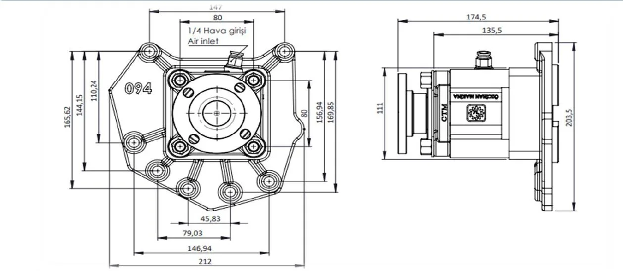 CTM 094 AD1 PTO teknik çizimi — kesit, ölçü ve montaj şeması