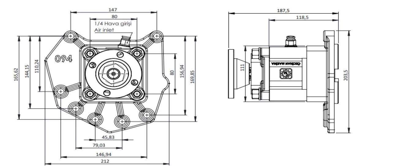 CTM 094 AD PTO teknik çizimi — kesit, ölçü ve montaj şeması