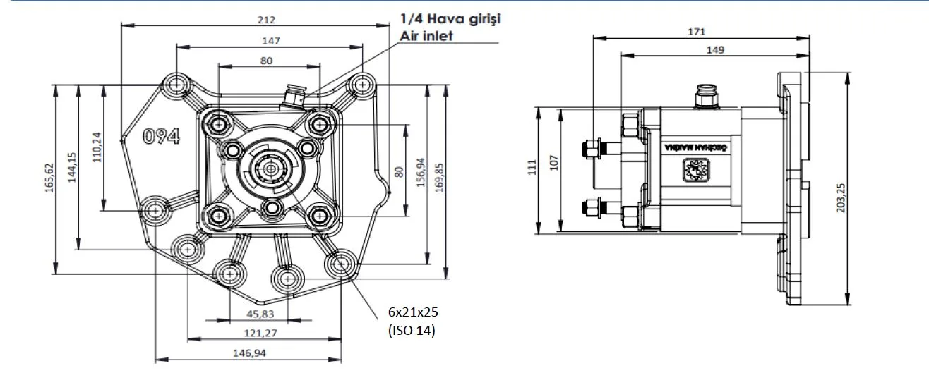 CTM 094 AC2 PTO teknik çizimi — kesit, ölçü ve montaj şeması