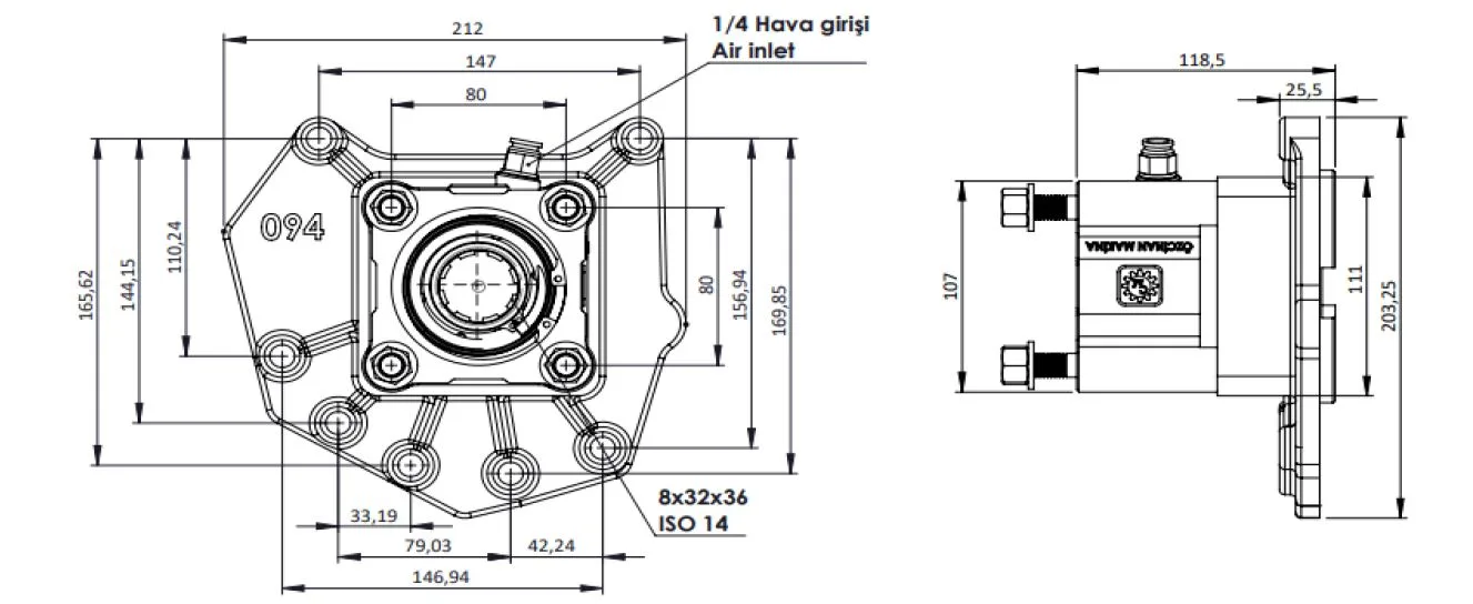 CTM 094 AC1 PTO teknik çizimi — kesit, ölçü ve montaj şeması
