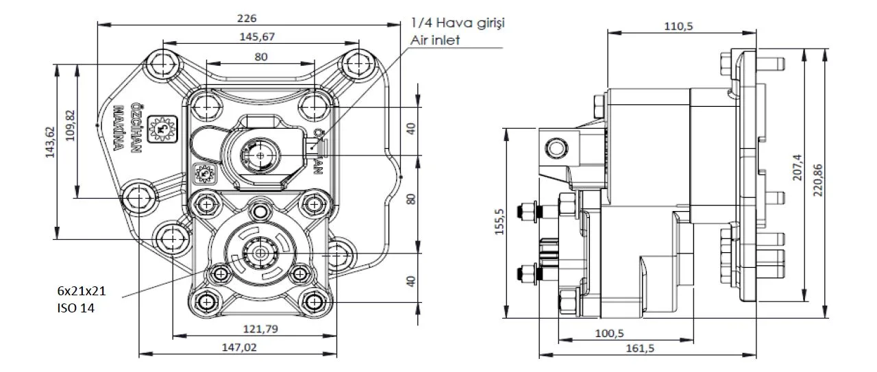 CTM 095 AE PTO teknik çizimi — kesit, ölçü ve montaj şeması