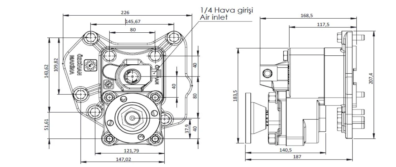 CTM 095 AD1 PTO teknik çizimi — kesit, ölçü ve montaj şeması