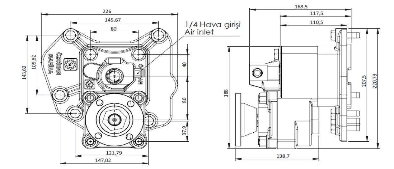 CTM 095 AD PTO teknik çizimi — kesit, ölçü ve montaj şeması