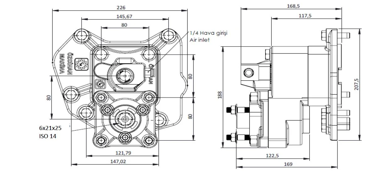 CTM 095 AC2 PTO teknik çizimi — kesit, ölçü ve montaj şeması