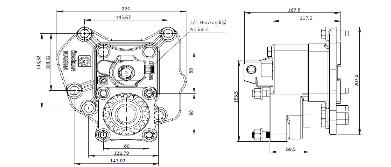 CTM 095 AC1 PTO teknik çizimi — kesit, ölçü ve montaj şeması