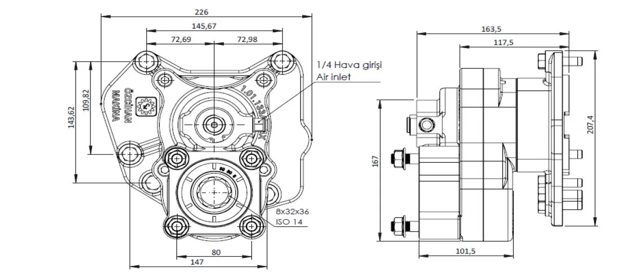 CTM 095 A1 4X PTO teknik çizimi — kesit, ölçü ve montaj şeması