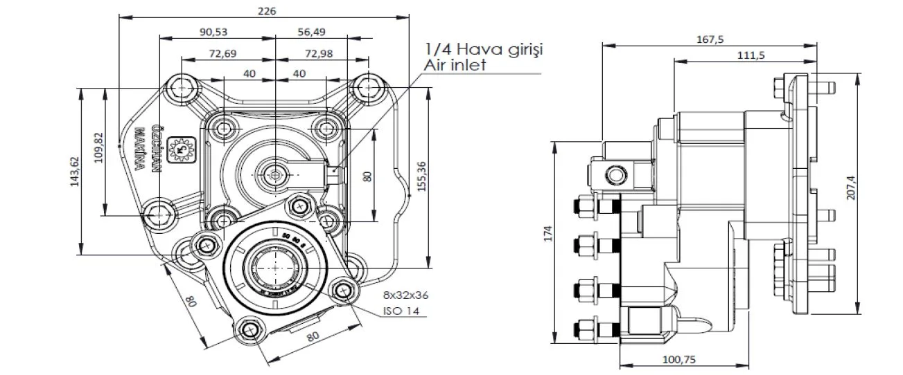 CTM 095 A1 3X PTO teknik çizimi — kesit, ölçü ve montaj şeması