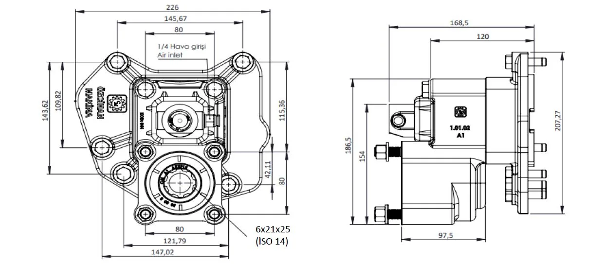 CTM 095 A1 Y PTO teknik çizimi — kesit, ölçü ve montaj şeması