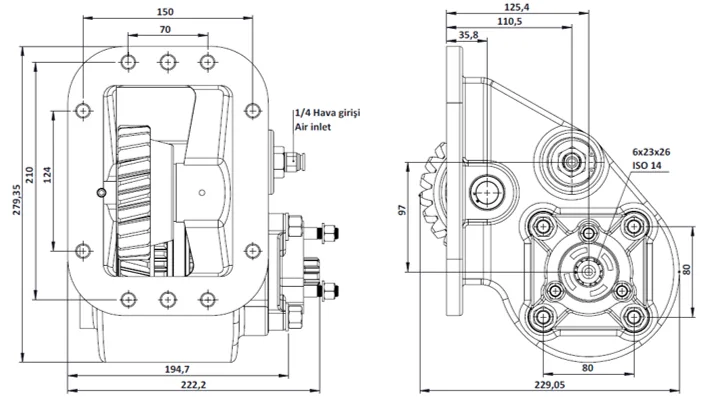 CTM 096 AE PTO teknik çizimi — kesit, ölçü ve montaj şeması