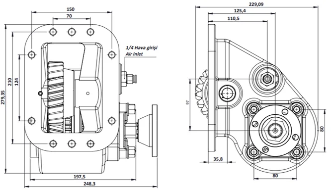 CTM 096 AD1 PTO teknik çizimi — kesit, ölçü ve montaj şeması