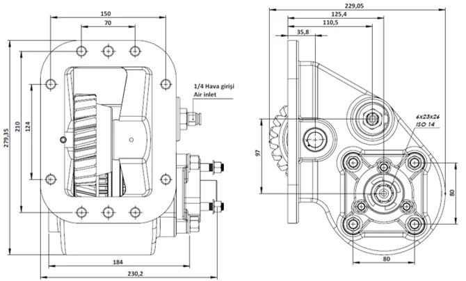 CTM 096 AC2 PTO teknik çizimi — kesit, ölçü ve montaj şeması