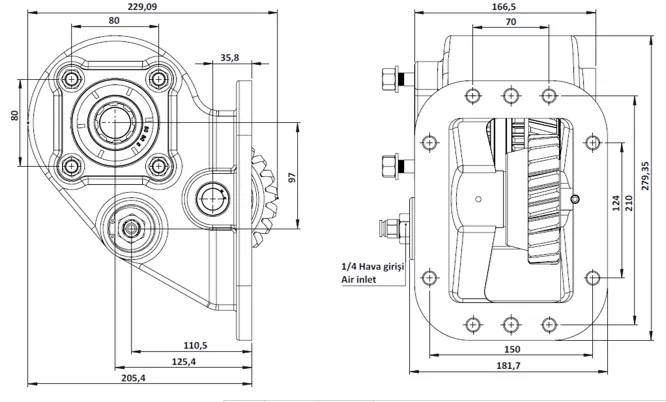 CTM 096 A1 PTO teknik çizimi — kesit, ölçü ve montaj şeması