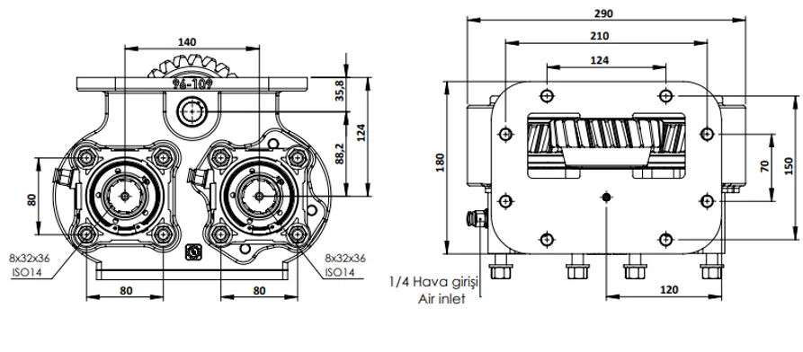 CTM 096 AC1 ÇÇ PTO teknik çizimi — kesit, ölçü ve montaj şeması