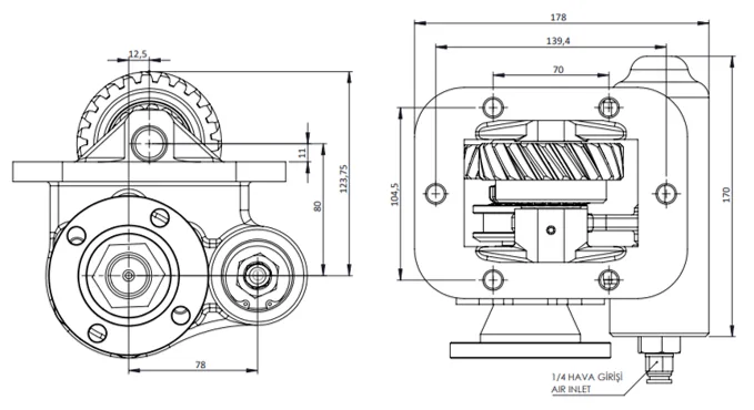 CTM 097 AD1 PTO teknik çizimi — kesit, ölçü ve montaj şeması