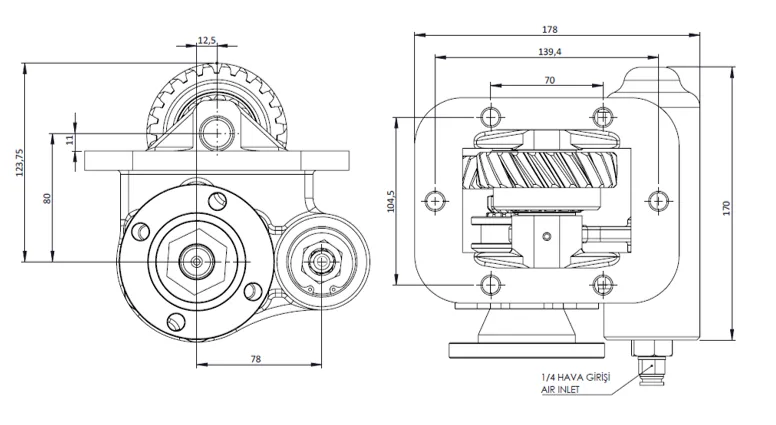 CTM 097 AD PTO teknik çizimi — kesit, ölçü ve montaj şeması