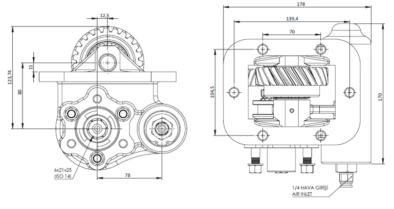 CTM 97 AC2 PTO teknik çizimi — kesit, ölçü ve montaj şeması