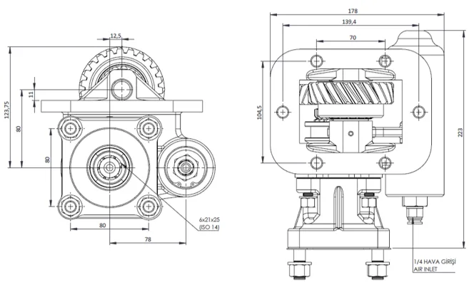 CTM 097 AC1 PTO teknik çizimi — kesit, ölçü ve montaj şeması