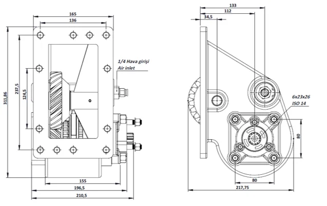 CTM 098 AE PTO teknik çizimi — kesit, ölçü ve montaj şeması