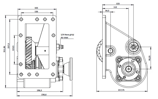 CTM 098 AD1 PTO teknik çizimi — kesit, ölçü ve montaj şeması