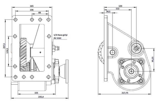 CTM 098 AD PTO teknik çizimi — kesit, ölçü ve montaj şeması