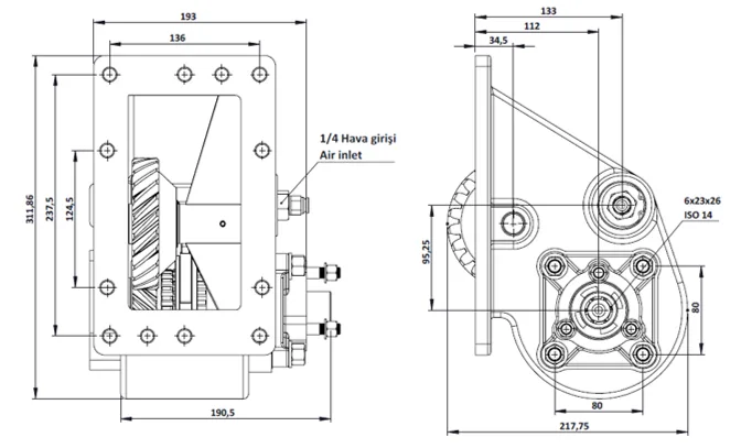 CTM 098 AC2 PTO teknik çizimi — kesit, ölçü ve montaj şeması