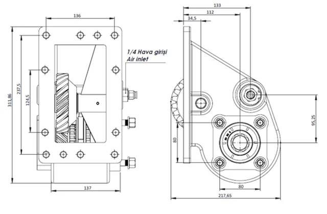 CTM 098 A1 PTO teknik çizimi — kesit, ölçü ve montaj şeması