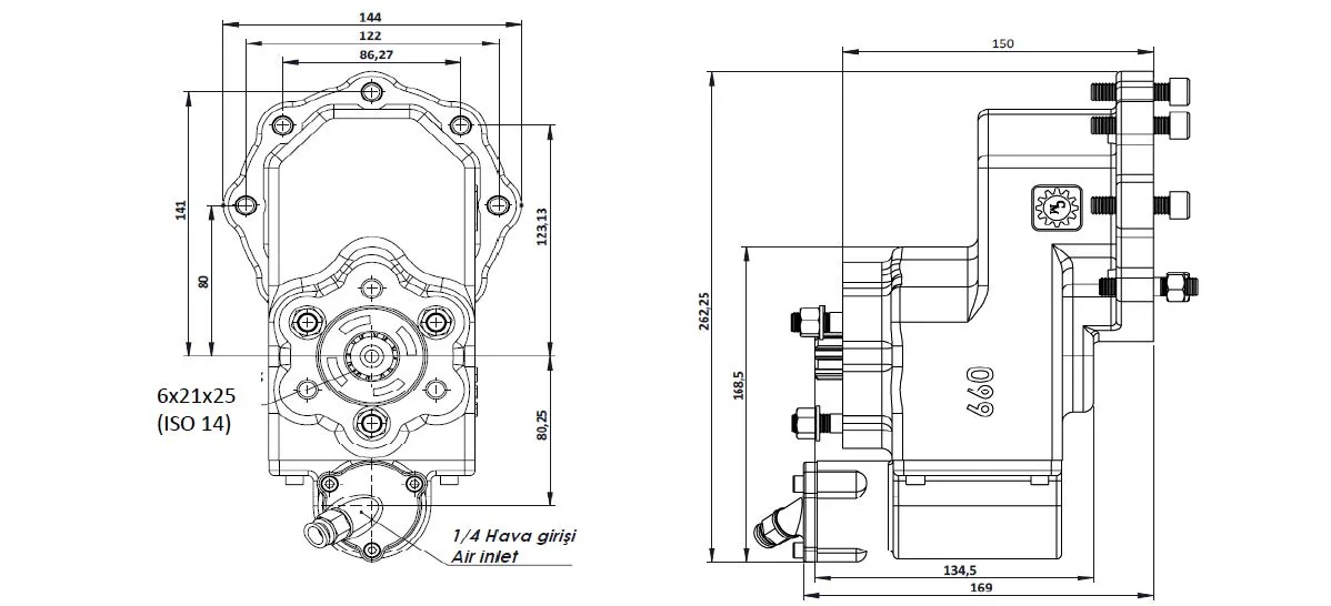 CTM 099 AE PTO teknik çizimi — kesit, ölçü ve montaj şeması