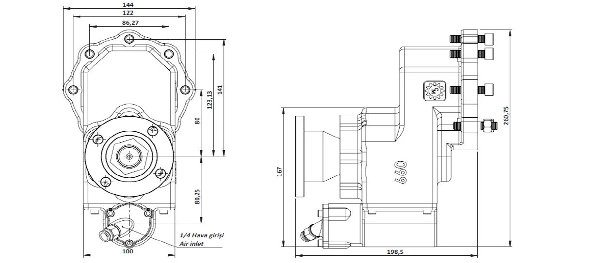 CTM 099 AD1 PTO teknik çizimi — kesit, ölçü ve montaj şeması