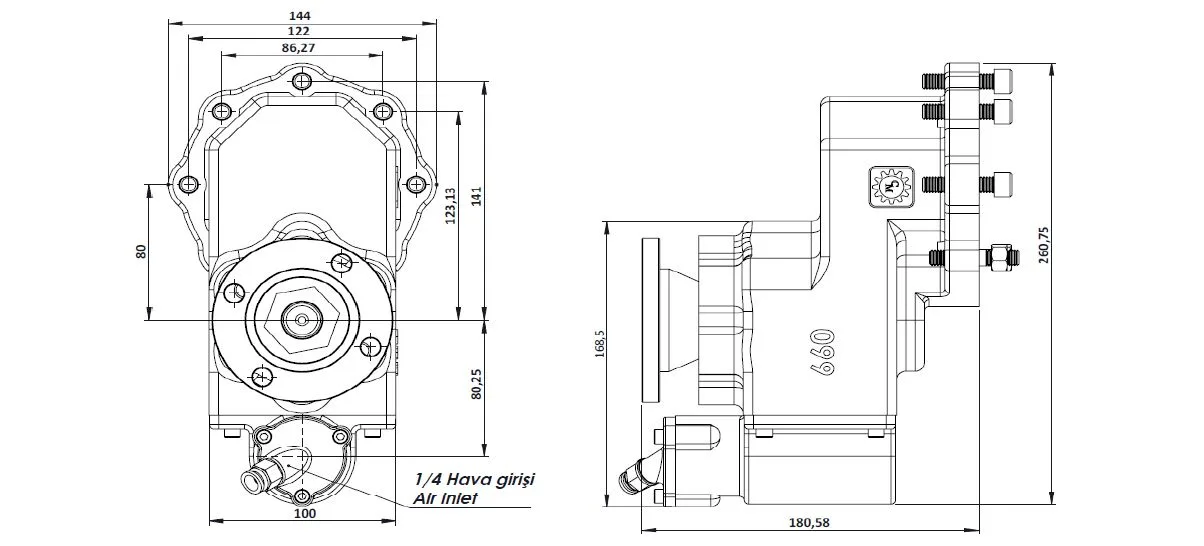 CTM 099 AD PTO teknik çizimi — kesit, ölçü ve montaj şeması