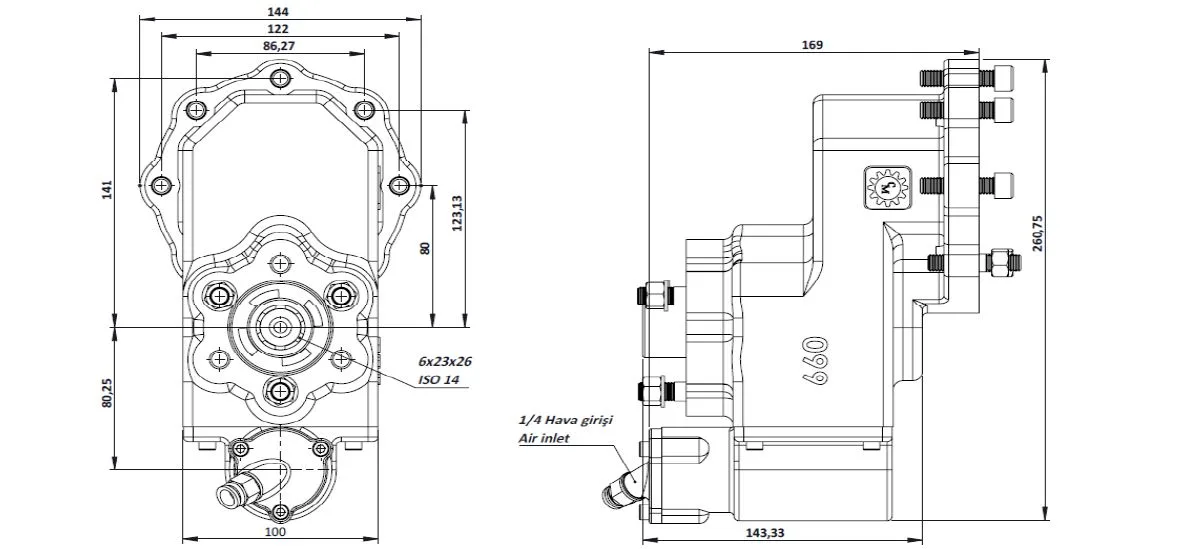 CTM 099 AC2 PTO teknik çizimi — kesit, ölçü ve montaj şeması