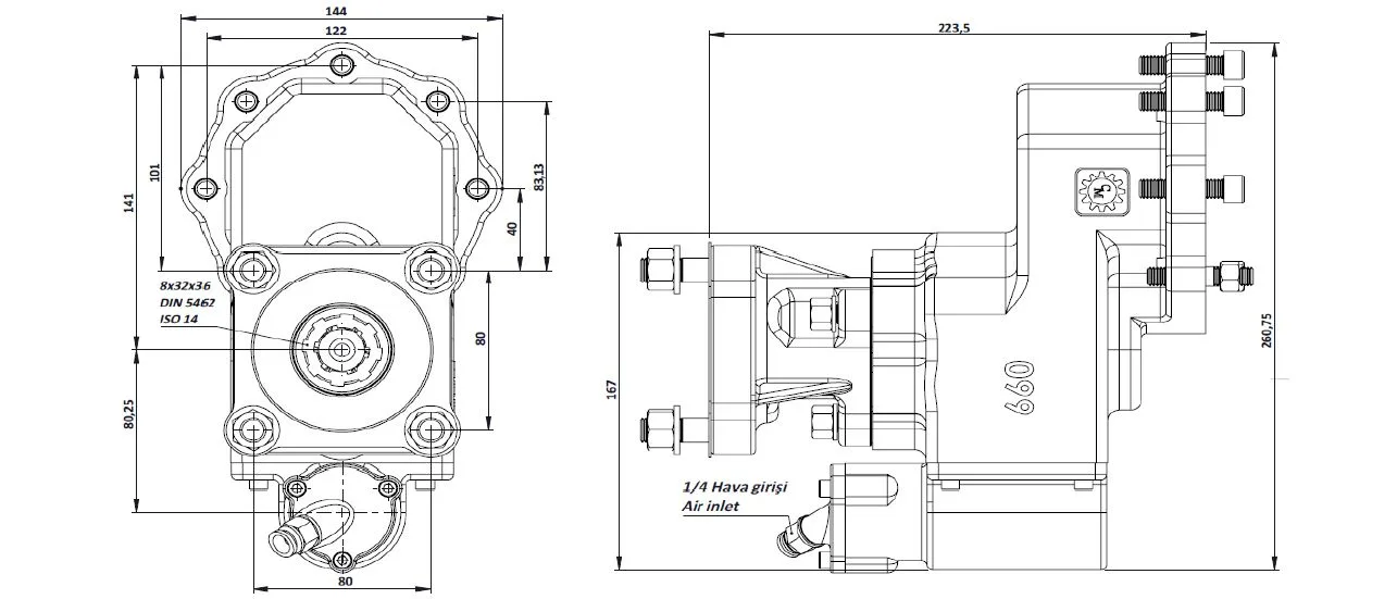 CTM 099 AC1 PTO teknik çizimi — kesit, ölçü ve montaj şeması