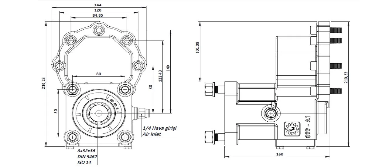 CTM 099 A1 PTO teknik çizimi — kesit, ölçü ve montaj şeması