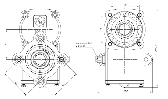 CTM 100 A1 PTO teknik çizimi — kesit, ölçü ve montaj şeması