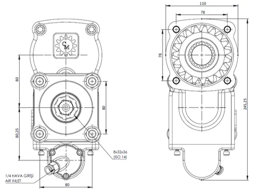 CTM 100 AC1 PTO teknik çizimi — kesit, ölçü ve montaj şeması