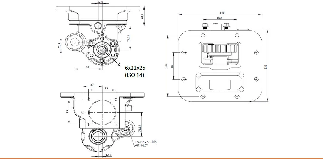 CTM 102 AC2 PTO teknik çizimi — kesit, ölçü ve montaj şeması
